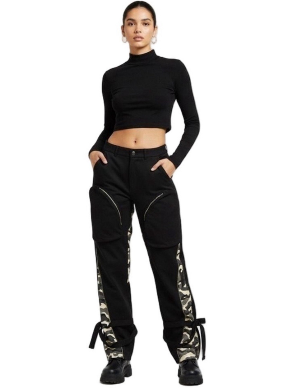Chicways Black Camo Cargo Pants Gray White Baggy Utility Streetwear Small